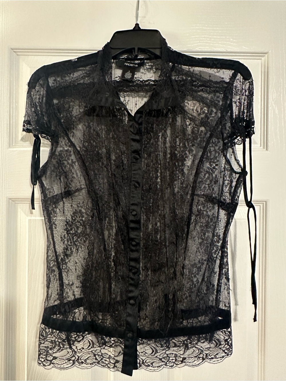 Arden B Sheer Black Lace Button-Up Blouse